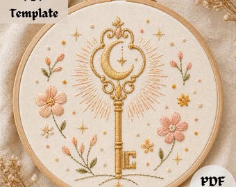 Celestial Key Embroidery Pattern, Moon & Stars Hand Embroidery PDF, Floral Magical Design, Boho Botanical Hoop Template DIY Gift Pattern