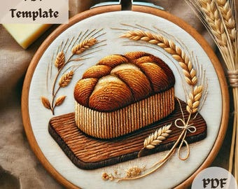 Könnte beinhalten: Stickrahmen-Kunst mit Stickerei, die ein Brot auf einem Holzbrett zeigt, umgeben von Weizenähren. Die Stickerei ist in Braun-, Beige- und Weißtönen gehalten.
