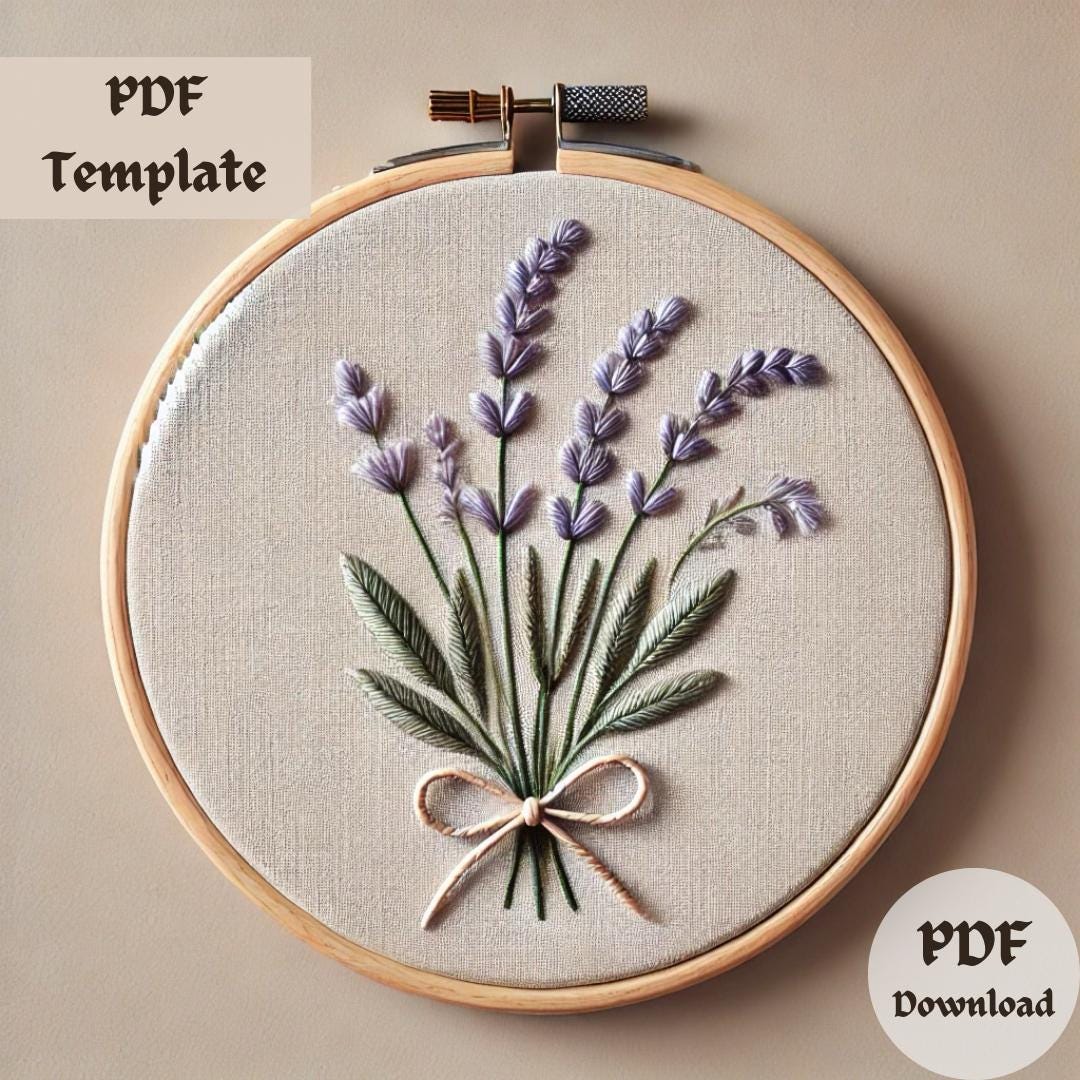 ハンドメイド ラベンダー ブーケ ラベンダーブーケの刺繍パターン、植物の手刺繍 PDF、花のステッチ