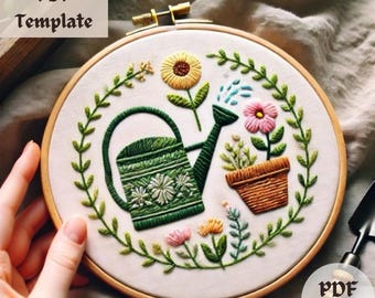 Gieter borduurpatroon, DIY bloemen handborduurwerk pdf, tuinhoepelkunst, lentestikontwerp, borduur-pdf direct downloaden