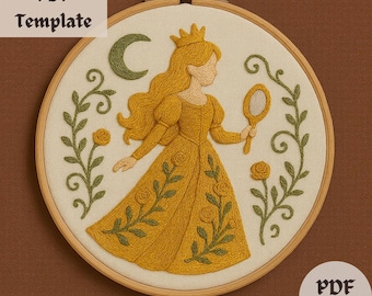 Golden Mirror Princess Embroidery Pattern, Crowned Girl Stitch Template, Elegant Floral Hand Embroidery PDF, DIY Hand Embroidery Hoop Design
