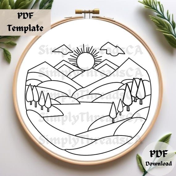 山の風景刺繍パターン、PDF DIYサンセットレイクデザイン、風景フープ