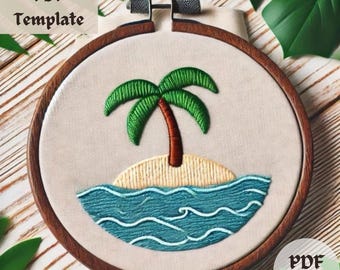 Tropical Island Embroidery Pattern, Paradise Hand Embroidery, Palm Tree Stitching Design, Beach Hoop Art PDF, Coastal DIY Template