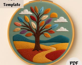 Colorful Autumn Tree Embroidery Pattern, Modern Landscape Hand Embroidery, Nature Inspired Tree Embroidery PDF, DIY Hoop Stitch Template