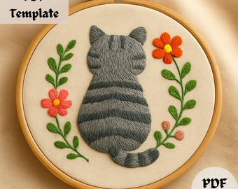 Floral Cat Embroidery Pattern, Grey Tabby Cat Hand Embroidery PDF, Beginner-Friendly Animal Stitching, DIY Hoop Design, Modern PDF Template