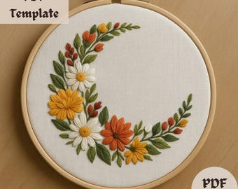 Crescent Floral Wreath Embroidery Pattern, Hand Embroidery Design With Flowers, Botanical Stitch Hoop, Elegant PDF Template, DIY Embroidery