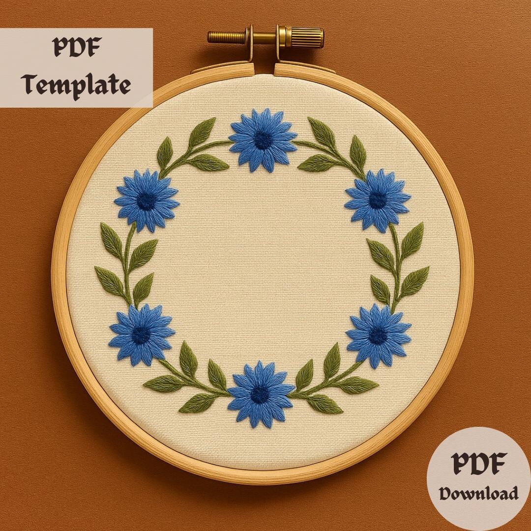 Blue Daisy Wreath Hand Embroidery Pattern, Floral Hand Embroidery PDF ...