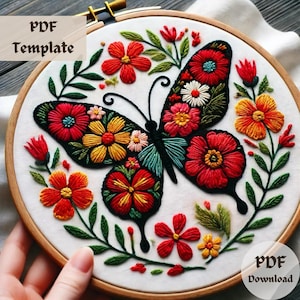 Patrón de bordado de mariposas florales, bordado a mano de mariposas, diseño de costura natural, aro de jardín DIY (PDF), plantilla de bordado botánico