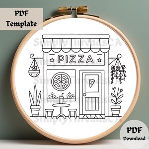Pizza Shop Embroidery Pattern, Whimsical Hand Embroidery PDF, Cozy Cafe Stitching Design, DIY Food-Themed Hoop Template for Pizza Lovers image 3