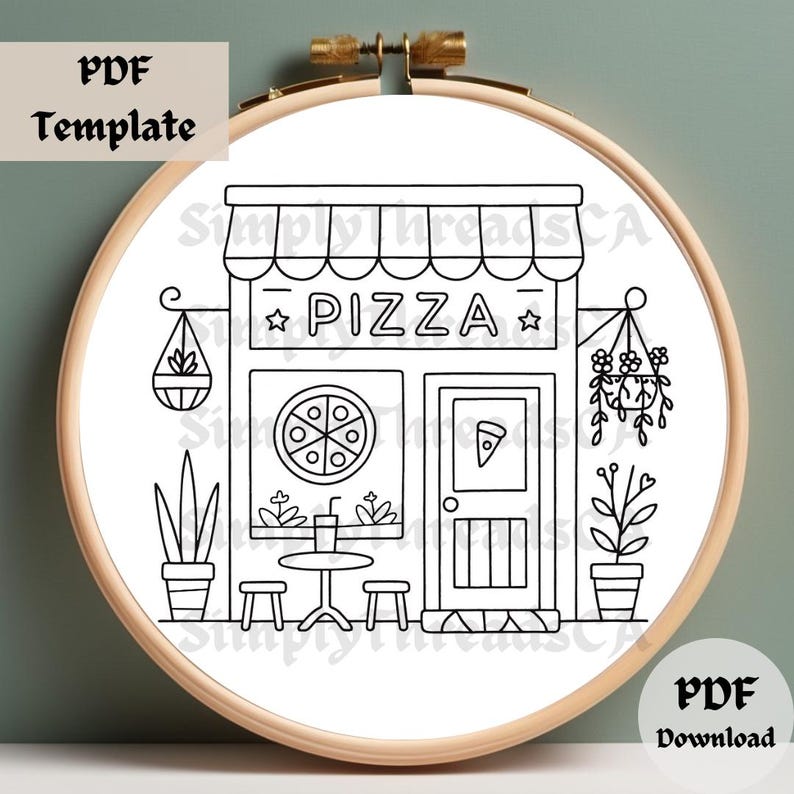 Pizza Shop Embroidery Pattern, Whimsical Hand Embroidery PDF, Cozy Cafe Stitching Design, DIY Food-Themed Hoop Template for Pizza Lovers image 3