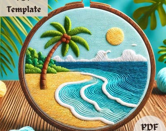 Island Scenery Embroidery Pattern, Tropical Hand Embroidery, Beach Scene Stitching PDF, DIY Coastal Decor, Modern Embroidery Design