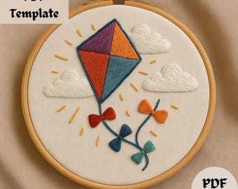 Kite and Clouds Embroidery Pattern, Colorful Kite Hand Embroidery Pattern, Beginner Friendly Hoop Art PDF, Summer Sky Embroidery Template