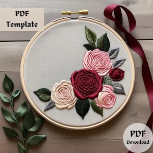 バラの花の刺繍パターン、花のバラの手刺繍デザイン、DIY フラワーステッチ PDF、エレガントなバラのフープアートテンプレート