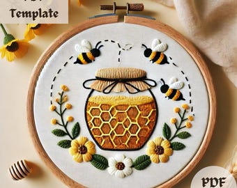 Honey Jar Embroidery Pattern, Bee Hand Embroidery PDF, Sweet Stitching Design, Nature-Inspired Hoop Art, Modern Bee Embroidery PDF