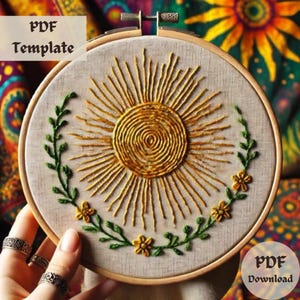 Radiant Sun Embroidery Pattern, Sunburst Hand Stitch PDF, Floral Border Hoop Design, Boho Sunshine Template, Easy Modern Embroidery Template