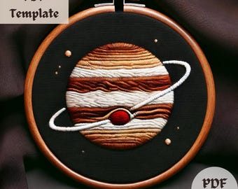 May include: Embroidered hoop art featuring a detailed depiction of Jupiter, the largest planet in our solar system. The planet is rendered in shades of brown and white, with a red spot representing the Great Red Spot. The hoop is made of wood and has a black fabric background.