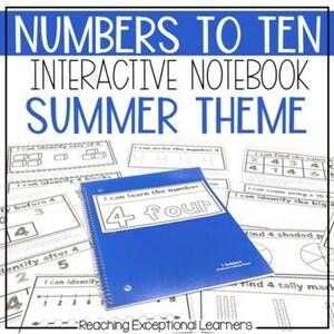 May include: A blue notebook with the number "4" and the word "four" on the cover. The notebook is surrounded by black and white worksheets with various math activities for numbers 1 through 10. The worksheets have a summer theme.