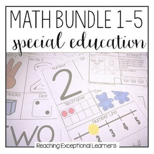 May include: A math bundle for special education students, grades 1-5. The image shows a close-up of a number 2 card, a ten frame, and a number line. The text "Reaching Exceptional Learners" is visible at the bottom of the image.