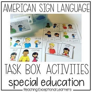 Pode incluir: Um conjunto de atividades de caixa de tarefas para educação especial que apresenta verbos da linguagem de sinais americana (ASL). Os cartões mostram ilustrações de pessoas assinando vários verbos, como "encontrar", "beber", "comer" e "vir".