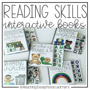 May include: Five interactive reading skills books for children. The books are spiral bound and have colorful covers with illustrations. The titles include "Rhyming Words Set Two", "Ending Sounds A-M Level 2", "Rhyming Words Set One", "Sounds N-Z Level 2", and "Repositions All Theme Level 1".