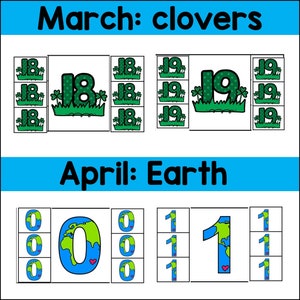 Op de afbeelding: Een printbare educatieve activiteit voor kinderen met de nummers 18 en 19 met een klavertjevier-thema en de nummers 0 en 1 met een aarde-thema. De nummers zijn omringd door een groene klaver en een blauwe aarde-afbeelding.