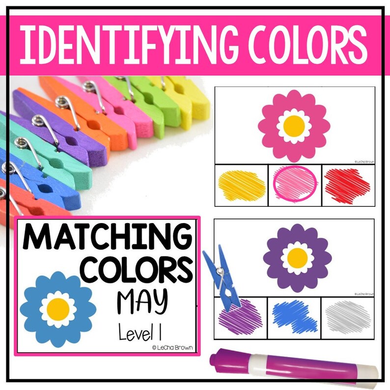 May include: A printable worksheet for matching colors. The worksheet features a blue flower with a yellow center and a set of colorful clothespins. The text "Matching Colors May Level 1" is printed on the worksheet.