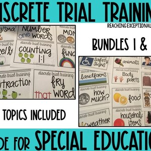 May include: A set of 32 colorful cards for discrete trial training, featuring topics like counting, safety signs, animals, body parts, food, and weather. The cards are designed for special education and feature bold text and images.