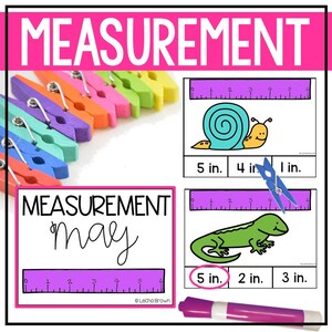 May include: A colorful worksheet with the word "MEASUREMENT" in large pink letters. The worksheet includes a ruler, a snail, a lizard, and a clothespin. The snail is 5 inches long, the lizard is 5 inches long, and the clothespin is 1 inch long. The worksheet is designed to help children learn about measurement.