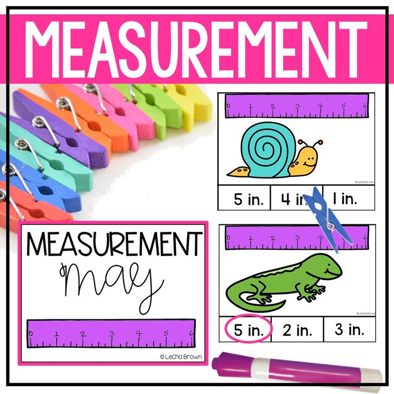 May include: A colorful worksheet with the word "MEASUREMENT" in large pink letters. The worksheet includes a ruler, a snail, a lizard, and a clothespin. The snail is 5 inches long, the lizard is 5 inches long, and the clothespin is 1 inch long. The worksheet is designed to help children learn about measurement.