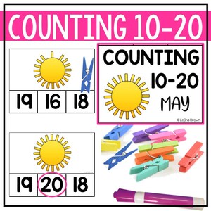 May include: Counting 10-20 May worksheet with a sun graphic and numbers 19, 16, 18, 19, 20, 18. There are also colorful clothespins and a purple marker.