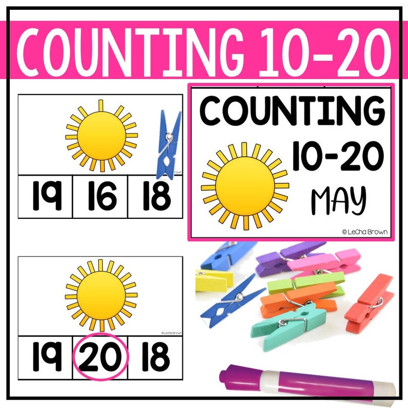 May include: Counting 10-20 May worksheet with a sun graphic and numbers 19, 16, 18, 19, 20, 18. There are also colorful clothespins and a purple marker.