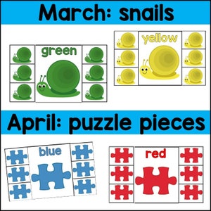 Może przedstawiać: Drukowalna edukacyjna aktywność dla dzieci z motywem ślimak&oacute;w i puzzli. Aktywność obejmuje dopasowywanie kolor&oacute;w: zielonego, ż&oacute;łtego, niebieskiego i czerwonego. Tekst na stronie brzmi: "Marzec: ślimaki" i "Kwiecień: puzzle".