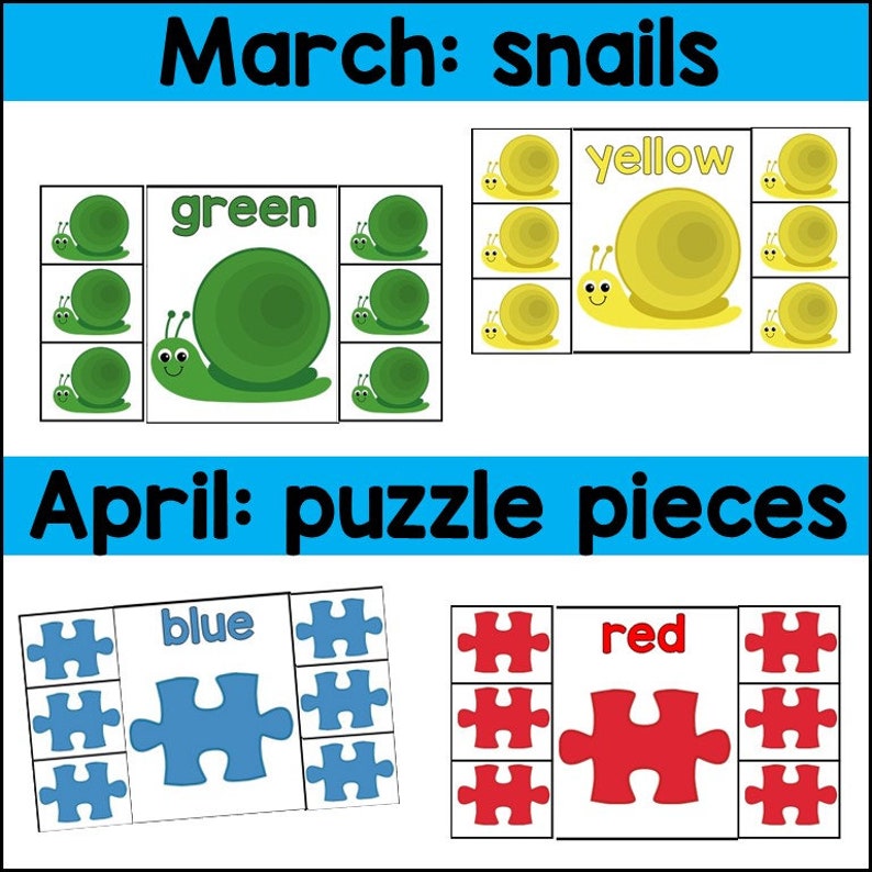 Może przedstawiać: Drukowalna edukacyjna aktywność dla dzieci z motywem ślimak&oacute;w i puzzli. Aktywność obejmuje dopasowywanie kolor&oacute;w: zielonego, ż&oacute;łtego, niebieskiego i czerwonego. Tekst na stronie brzmi: "Marzec: ślimaki" i "Kwiecień: puzzle".