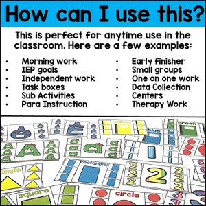 May include: A set of printable cards for early learners featuring various shapes, colors, and numbers. The cards are designed for use in the classroom for activities such as morning work, independent work, and small group instruction. The text on the cards includes "angle", "square", "circle", "rectangle", "yellow", "green", "blue", and the number "2".