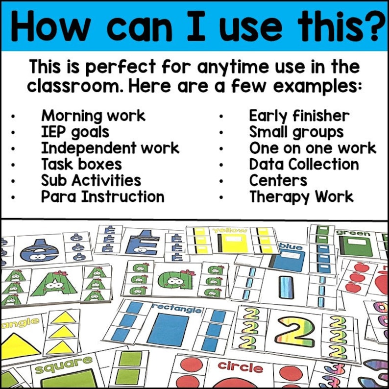May include: A set of printable cards for early learners featuring various shapes, colors, and numbers. The cards are designed for use in the classroom for activities such as morning work, independent work, and small group instruction. The text on the cards includes "angle", "square", "circle", "rectangle", "yellow", "green", "blue", and the number "2".