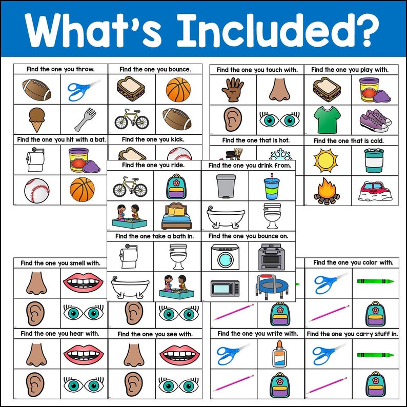 May include: A printable worksheet with colourful illustrations and text that says "What's Included?" The worksheet is divided into 12 sections, each with a different question about the objects pictured. For example, "Find the one you throw."  The worksheet is designed to help children learn about different objects and their uses.