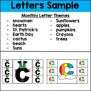 May include: A printable alphabet chart with letter C in different styles. The chart includes a black and green letter C with a leprechaun hat, a rainbow letter C with clouds, and a black letter C with a shamrock. The chart also includes a list of monthly letter themes, such as snowmen, hearts, St. Patrick's, Earth Day, cactus, beach, suns, sunflowers, apples, pumpkins, crayons, and trees.