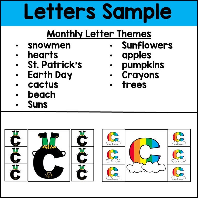 May include: A printable alphabet chart with letter C in different styles. The chart includes a black and green letter C with a leprechaun hat, a rainbow letter C with clouds, and a black letter C with a shamrock. The chart also includes a list of monthly letter themes, such as snowmen, hearts, St. Patrick's, Earth Day, cactus, beach, suns, sunflowers, apples, pumpkins, crayons, and trees.