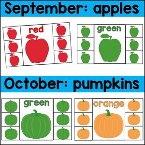 Może przedstawiać: Drukowalna edukacyjna aktywność dla dzieci z obrazkami jabłek i dyni. Aktywność pomaga dzieciom uczyć się kolor&oacute;w i p&oacute;r roku. Pierwsza strona pokazuje czerwone i zielone jabłka, podczas gdy druga strona pokazuje zielone i pomarańczowe dynie.