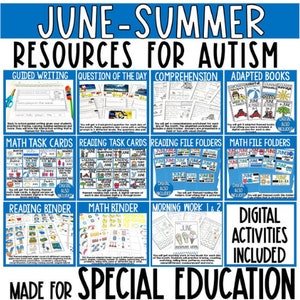 Pode incluir: Um gráfico colorido com o texto "Recursos de junho-verão para o autismo" e imagens de vários recursos educacionais para crianças com autismo, incluindo escrita guiada, pergunta do dia, compreensão, livros adaptados, cartões de tarefas de matemática, cartões de tarefas de leitura, pastas de arquivos de leitura, pastas de arquivos de matemática, pasta de leitura, pasta de matemática, trabalho matinal e atividades digitais. O gráfico também inclui o texto "Atividades digitais incluídas" e "Feito para a educação especial".