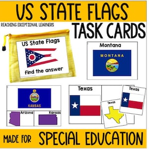 Könnte beinhalten: Lehrkarten mit US-Bundesstaatenflaggen. Das Set enthält Karten für Montana, Kansas und Texas sowie eine Reißverschlusstasche mit einer Karte für Ohio. Der Text "US State Flags Task Cards" wird angezeigt.