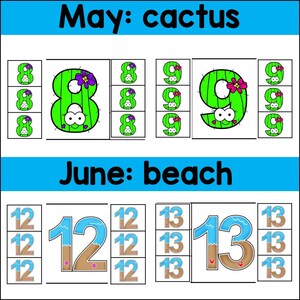 Op de afbeelding: Een printbare educatieve activiteit voor kinderen met de getallen 8, 9, 12 en 13. De getallen zijn versierd met cactus- en strandthema's. De tekst "Mei: cactus" en "Juni: strand" is inbegrepen.