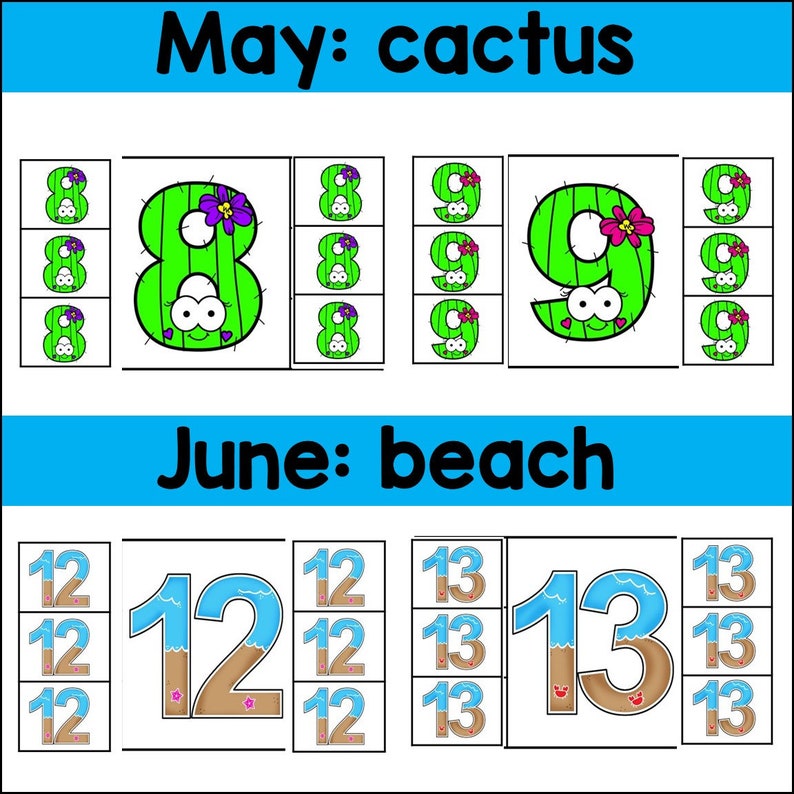 Op de afbeelding: Een printbare educatieve activiteit voor kinderen met de getallen 8, 9, 12 en 13. De getallen zijn versierd met cactus- en strandthema's. De tekst "Mei: cactus" en "Juni: strand" is inbegrepen.