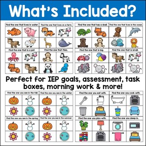 May include: A black and white printable worksheet with colourful illustrations of animals and objects. The worksheet is divided into sections with instructions such as "Find the one that lives in water" and "Find the one you see in the autumn".