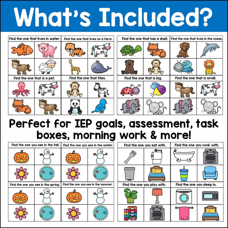 May include: A black and white printable worksheet with colourful illustrations of animals and objects. The worksheet is divided into sections with instructions such as "Find the one that lives in water" and "Find the one you see in the autumn".