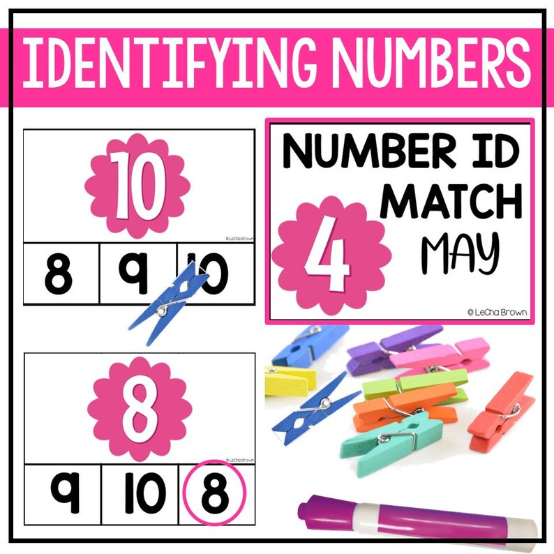 May include: A pink and white number identification activity for kids. The activity includes a number card with the number 10, a number card with the number 8, and a number card with the number 4. The activity also includes a set of colorful clothespins and a pink marker.
