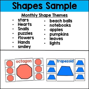 May include: A printable worksheet for teaching shapes to children. The worksheet features two shape examples: an octagon and a trapezoid. The worksheet includes the names of the shapes and examples of objects that are the same shape.