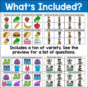 May include: A printable worksheet with colourful illustrations and text that says "What's Included?" and "Includes a ton of variety. See the preview for a list of questions."