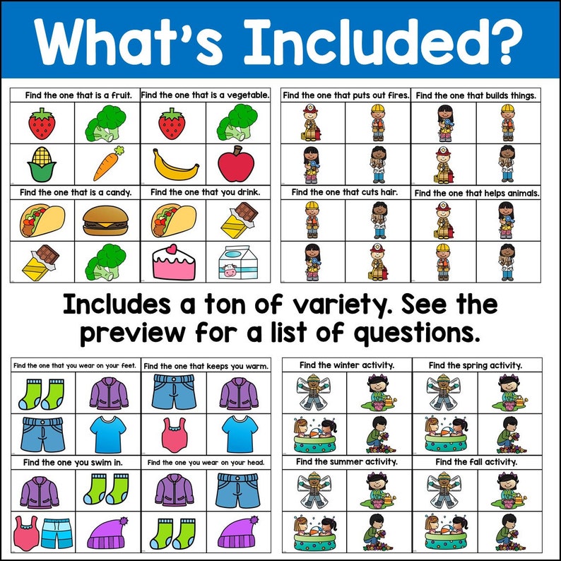 May include: A printable worksheet with colourful illustrations and text that says "What's Included?" and "Includes a ton of variety. See the preview for a list of questions."