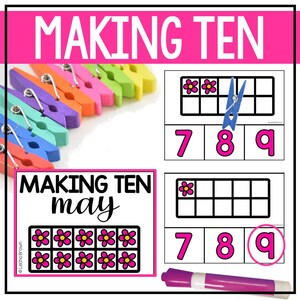 May include: A pink and black ten frame with pink flowers, a blue clothespin, and the numbers 7, 8, and 9. The text "Making Ten may" is on a pink and black rectangle.